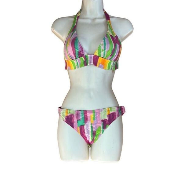 Victoria’s Secret Halter Top Purple Yellow Green Swimsuit Bikini Set - Picture 1 of 7
